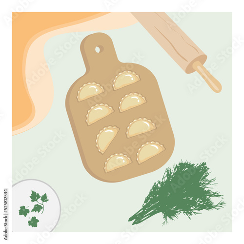 Cute cartoon dumplings on the cutting board with sour cream and green dill. Vector illustration.