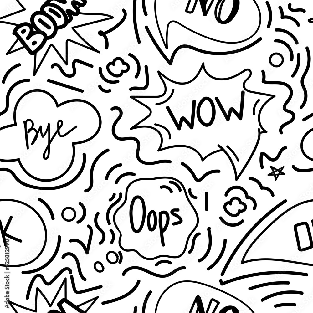 A seamless pattern of speech bubbles with hand-drawn doodle-style dialog words. Boom, Oops, No, Okay, Wow. Close-up. Vector illustration. A seamless pattern of speech bubbles with hand-drawn doodle-style dialog words. Boom, Oops, No, Okay, Wow. Close-up. Vector illustration.