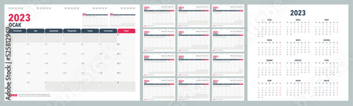 Calendar Planner 2023 in Turkish language. Week start Monday, corporate design planner template