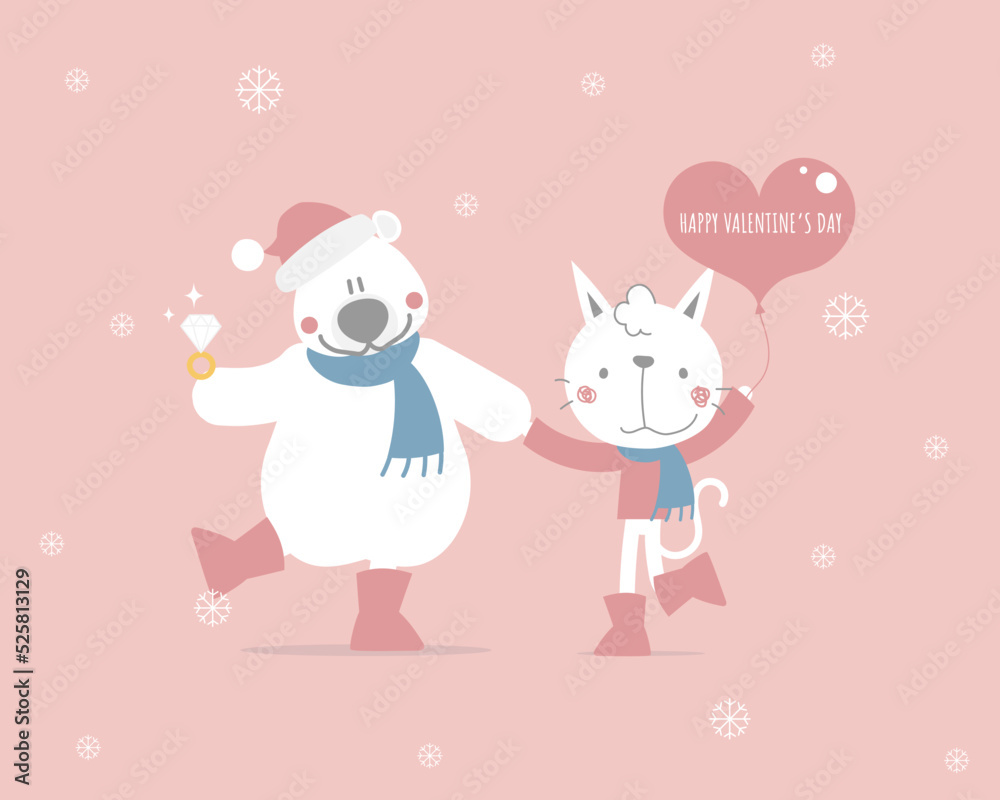 cute and lovely hand drawn teddy bear holding diamond ring and cat hoolding heart balloon, happy valentine's day, love concept, flat vector illustration cartoon character costume design cute and lovely hand drawn teddy bear holding diamond ring and cat hoolding heart balloon, happy valentine's day, love concept, flat vector illustration cartoon character costume design
