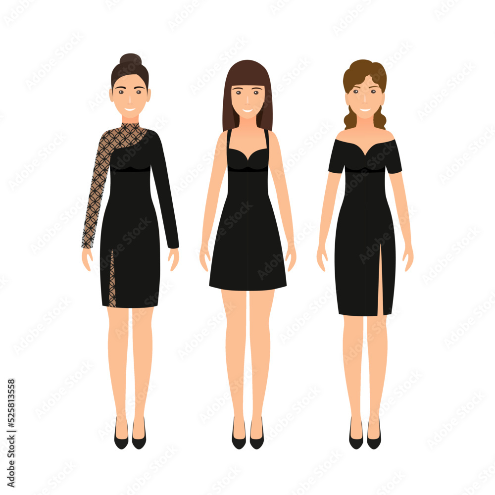 Collection girl clothing. Black little dress. Cocktail dresses on women. Clothes icon for girls isolated on a white background. Vector illustration. Silhouette apparel. Collection girl clothing. Black little dress. Cocktail dresses on women. Clothes icon for girls isolated on a white background. Vector illustration. Silhouette apparel.