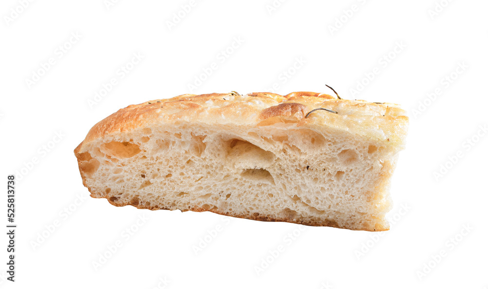 Piece of focaccia with rosemary, isolated. Italian bakery, bread delicacy, a packshot photo on a white background.