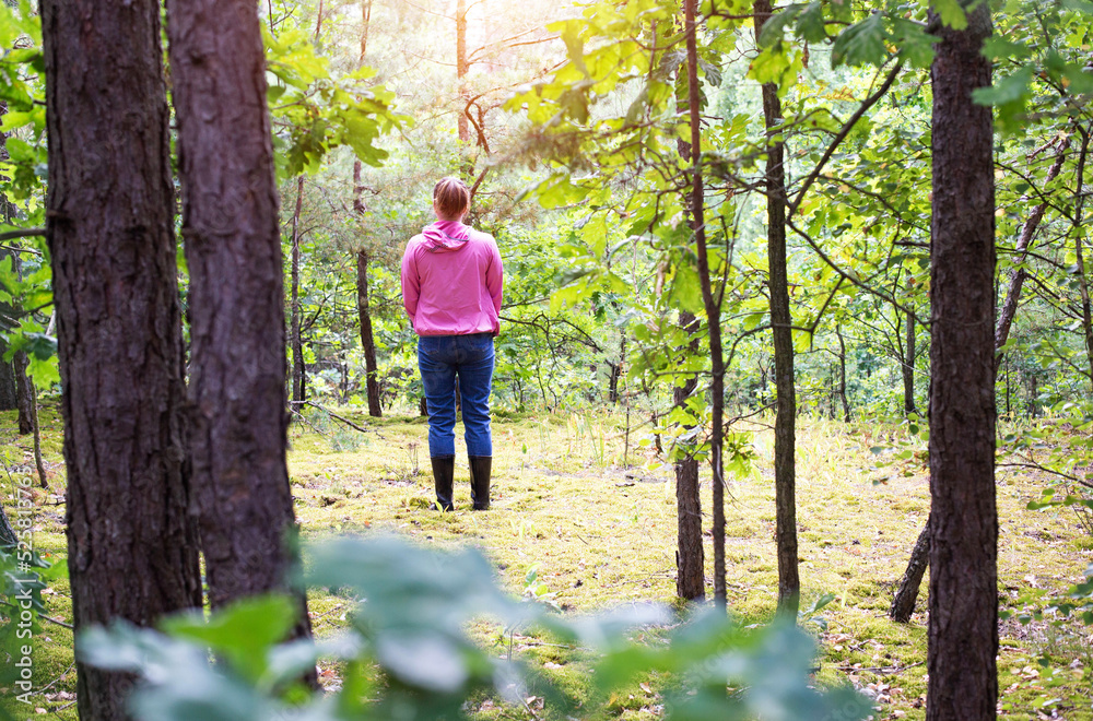 A girl in a pink sweater got lost in the forest in the summer. Location orientation. Survival in the forest. A girl in a pink sweater got lost in the forest in the summer. Location orientation. Survival in the forest.
