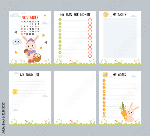 november 2023. Calendar planner with cute rabbit mushroom picker with wicker basket and autumn leaves. Vector set vertical templates to-do list, my plan and notes in English. Week from Sunday.