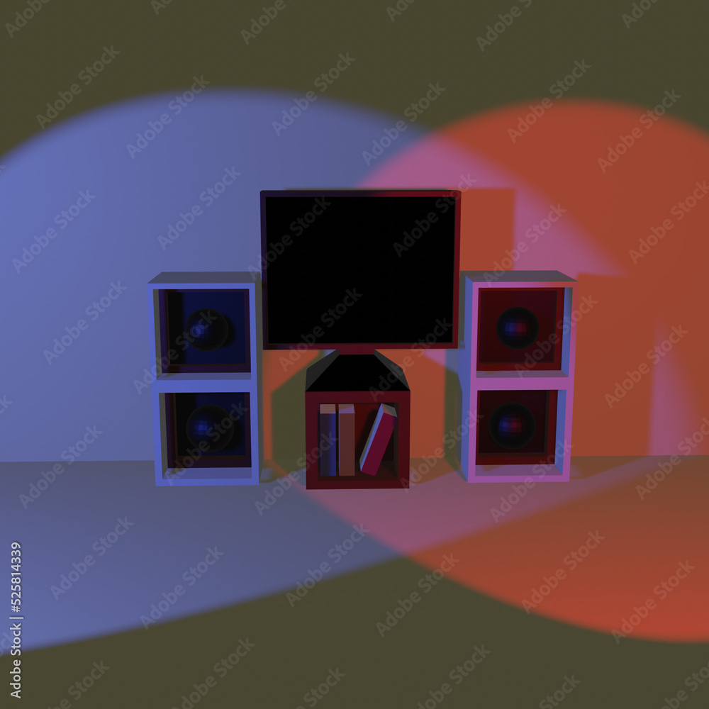 Télévision avec deux enceintes et lumière rouge et bleu Télévision avec deux enceintes et lumière rouge et bleu