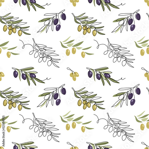 Oliva vector seamless pattern. Green and black olive tree branches on white background. One continuous line art drawing olives pattern