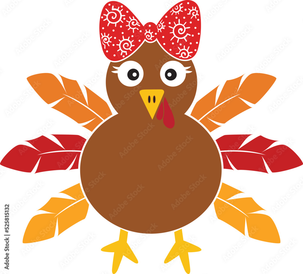 Cute Turkey With Bow, Happy Fall, Thanksgiving Day, Happy Harvest, Vector Illustration File