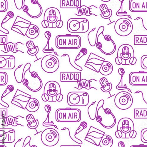 A pattern based on the radio wave in the style of an icon. Purple icons on the radio theme. Suitable for printing on packaging, paper and textile products. 