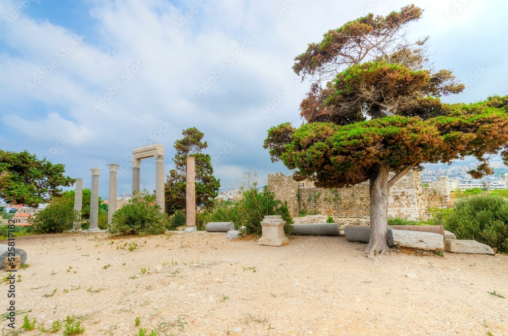The crusaders' castle in the historic city of Byblos in Lebanon. A view of the western part of the site and the columns of the ancient Roman colonnaded street overlooking the castle. The crusaders' castle in the historic city of Byblos in Lebanon. A view of the western part of the site and the columns of the ancient Roman colonnaded street overlooking the castle.