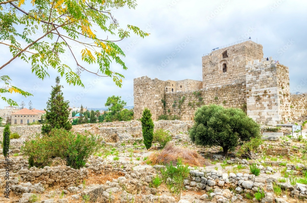 The crusaders' castle in the historic city of Byblos in Lebanon. A view of the western walls and a path leading to the east of the ancient site discovered in the area.