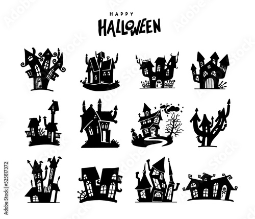 Set of Halloween haunted house. Collection of Haunted House. Hand drawn black silhouette of haunted house, ghost mansion, castle. Vector silhouettes of Halloween creepy mansions set.