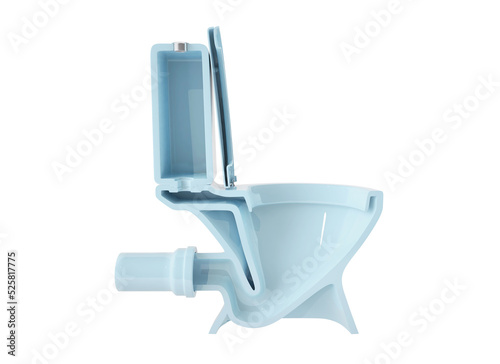 The cross-section structure of the toilet (the system). Blue color. The toilet lid is open. Side view. Isolated on white background. 3D illustration.