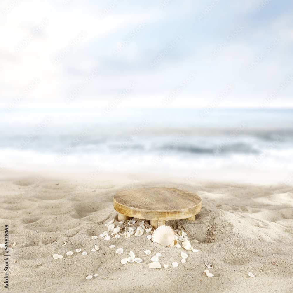 Wooden pedestal on sand and sea landscape. Wooden pedestal on sand and sea landscape.