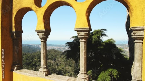 Aerial Drone View of Pena Palace Architectural Detail of Yellow Arches and View, Sintra, Lisbon, Portugal, a Beautiful European Building with Amazing Architecture, UNESCO World Heritage Site