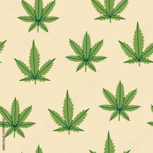 Hemp leaves. Green weed. Cartoon style. Medical Marijuana. Cannabis and weed legalization concept. Hand drawn Vector Seamless Pattern. Background, wallpaper. Perfect for posters, textile prints