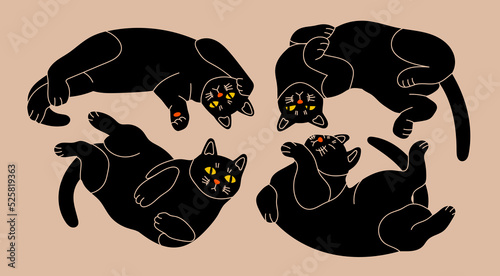 Black playful Cats lying in various poses. Uncomfortable positions. Funny cute characters set. Hand drawn modern Vector illustration. T-shirt print, poster, sticker, card, logo design template