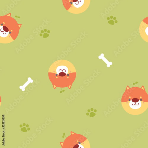 seamless cute animal pet shiba inu dog repeat pattern with bone, foot print in green background flat vector illustration cartoon character design