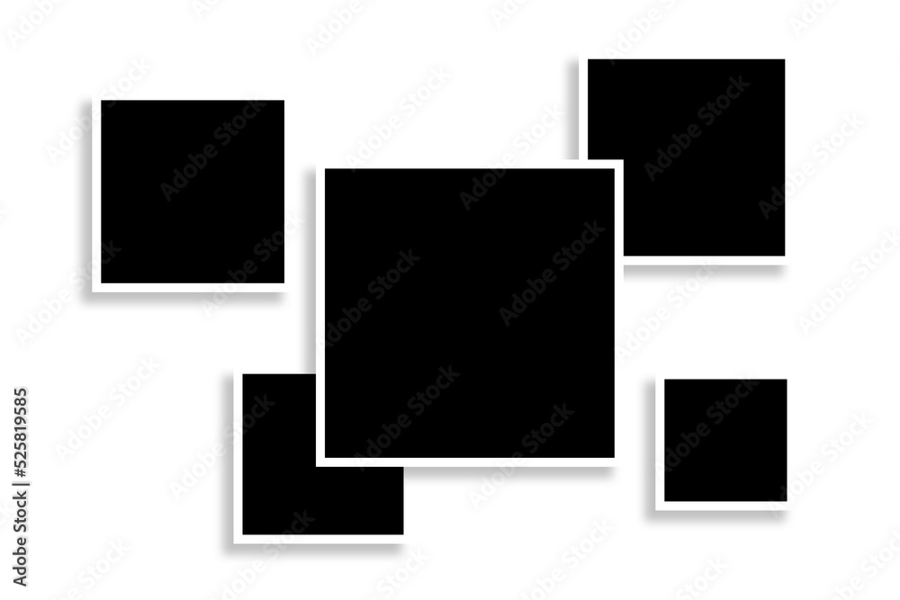5 Square photo frames in black & white color & a cool layout with a copy space. Used as a printable photo collage template to place album pictures or photographs collection in a classic old style. 5 Square photo frames in black & white color & a cool layout with a copy space. Used as a printable photo collage template to place album pictures or photographs collection in a classic old style.