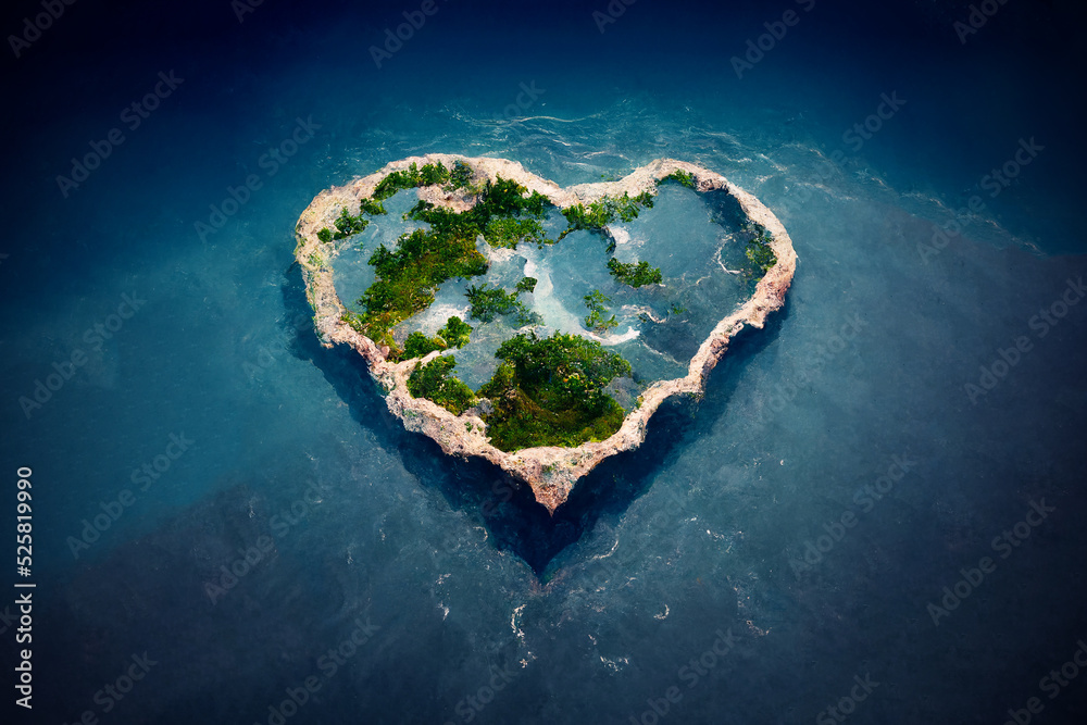 Obraz premium Romantic valentine's day gift. Love for travel and adventure. Small island in the shape of a heart. Islet-heart in the blue sea