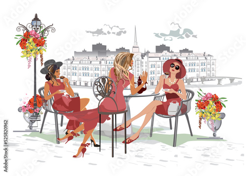 Fashion people in the restaurant. Street cafe in the old city. Girls in red dresses and hats drinking coffee at the cafe table. Hand drawn Vector Illustration. 