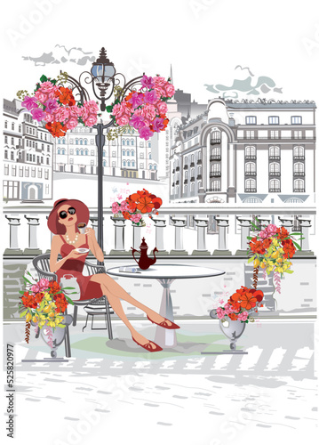 Fashion people in the restaurant. Street cafe in the old city. Girls in red dresses and hats drinking coffee at the cafe table. Hand drawn Vector Illustration. 