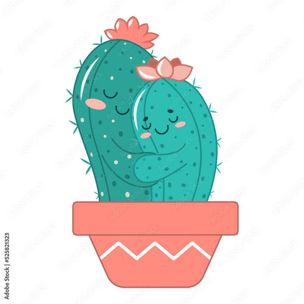 A cute pair of cacti with a kawaii-style face. Cute cacti in a pot. Vector A cute pair of cacti with a kawaii-style face. Cute cacti in a pot. Vector