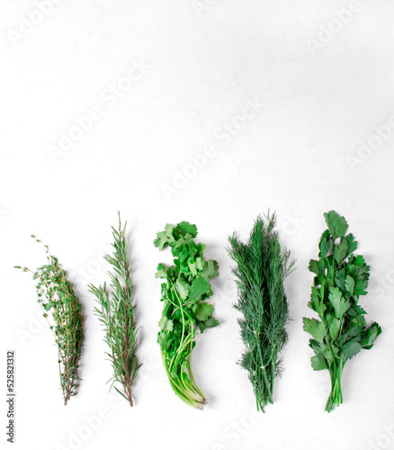 Parsley, dill, cilantro, thyme and rosemary on white table. Bunches of fresh aromatic herbs. Top view. Copy space