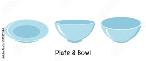 Empty plate and bowls isolated on white background vector illustration.