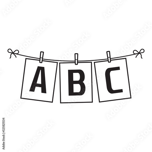 ABC letters on paper hanging on a rope, black outline, vector isolated illustration
