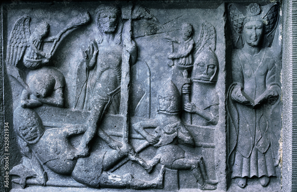 Panel of 15thC MacMahon tomb, Ennis Friary, Co. Clare, Ireland. Resurrection of Christ, N.B. contemporaneous swastika top centre