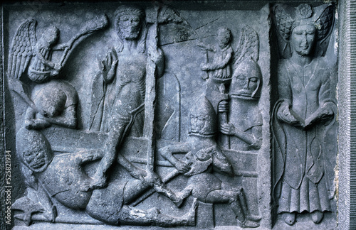 Panel of 15thC MacMahon tomb, Ennis Friary, Co. Clare, Ireland. Resurrection of Christ, N.B. contemporaneous swastika top centre