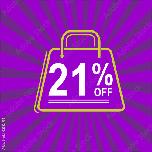 21% off. Purple, white and yellow banner with twenty one percent discount. Shopping bag concept vector.
