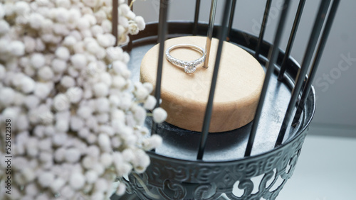 Close up of diamond ring in bird cage with white flower, sunlight and shadow background. Love, valentine, relationship and wedding concept. Soft and selective focus.