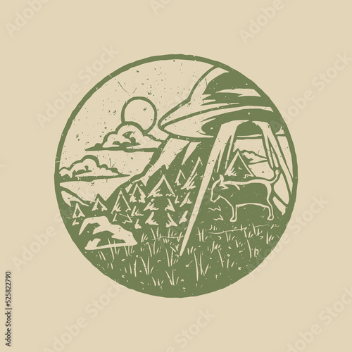 Distressed stamp illustration of ufo taking a cow
