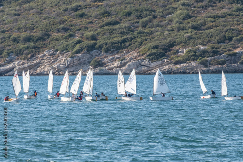 Young optimist racers drilling on Aegean Coast of Turkey.