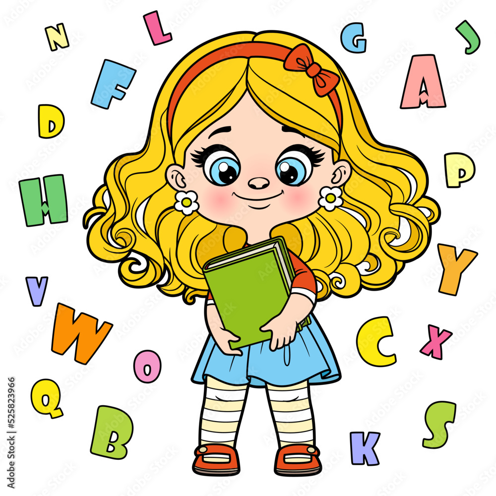 Cute cartoon longhaired girl holding textbook color variation for coloring page on a white background Cute cartoon longhaired girl holding textbook color variation for coloring page on a white background