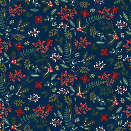 Christmas tree branches and berries seamless pattern. Winter holidays blue wrap paper design