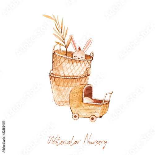 Watercolor Baby Nursery Room Accessories Bed Flowers Plants Ottoman Wardrobe Bassinet Bunny Basket Cute Watercolor Illustration