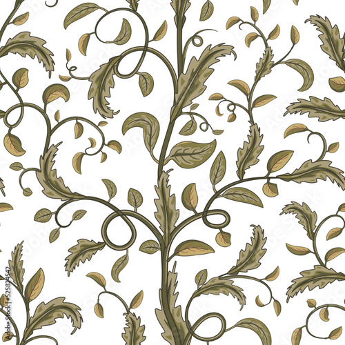 Jacobean embroidery floral seamless pattern. Fantasy baroque print with olive curl leaves and swirl branch. Hand drawn oriental tiles. Vector laced decorative background. Floral grapes creeper textile
