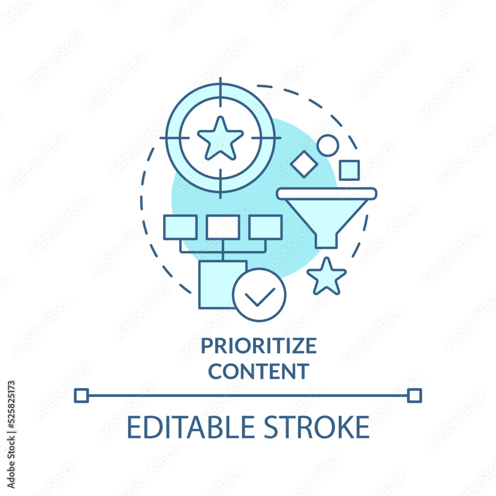 Prioritize content turquoise concept icon. Information hierarchy. Mobile design tip abstract idea thin line illustration. Isolated outline drawing. Editable stroke. Arial, Myriad Pro-Bold fonts used