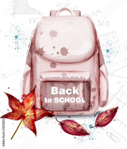 Back to school backpack vector. Autumn background watercolor