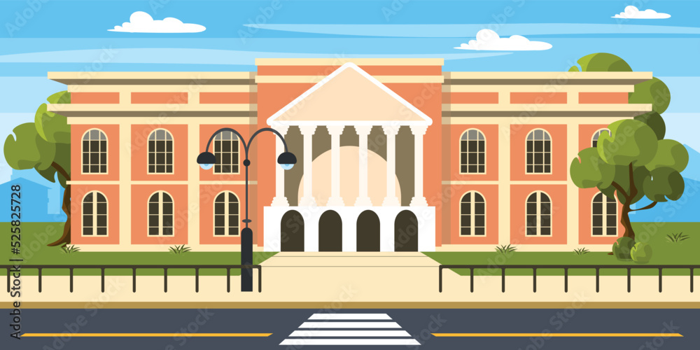 Vector illustration of modern university. Cartoon urban buildings with fence, lanterns, trees and city in the background.