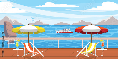Vector illustration of summer cruise. Cartoon mountain landscape with ship, boat, rocks, deck chair, umbrella, cocktails.