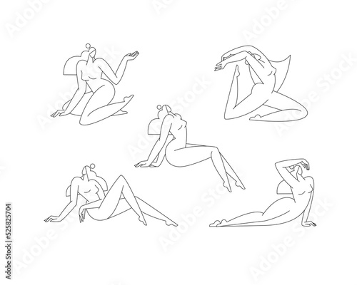 Contemporary female body vector illustration set. Nude woman silhouette in abstract pose  feminine figure graphic design. Line art with editable strokes. Beauty  body care concept for logo. Modern art