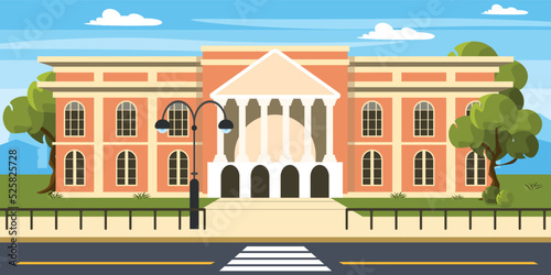 Vector illustration of modern university. Cartoon urban buildings with fence, lanterns, trees and city in the background.