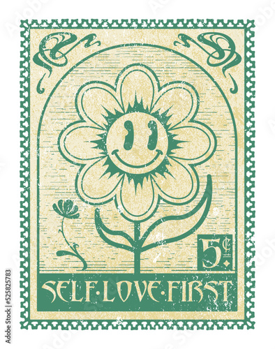 Self love slogan print design in vintage stamp style with flower and ornaments illustrations