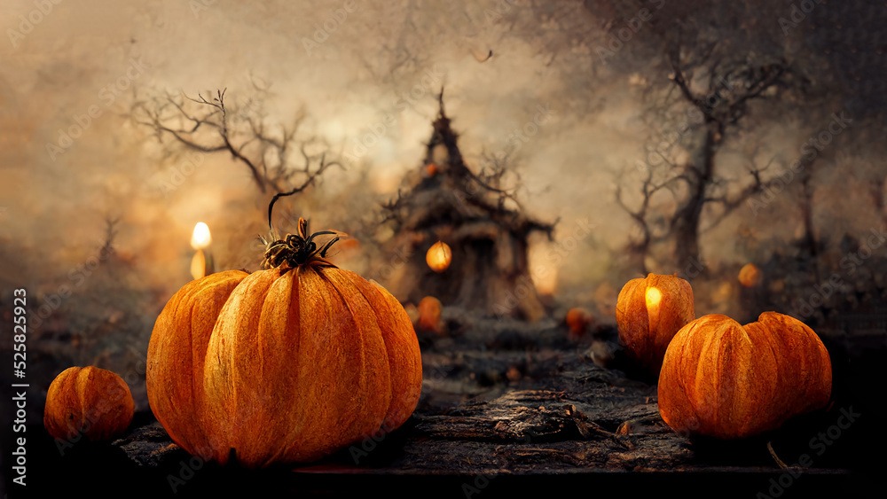 Halloween greeting card with pumkins and mysterious trees, dark and scary night in autumn, illustration - obrazy, fototapety, plakaty 