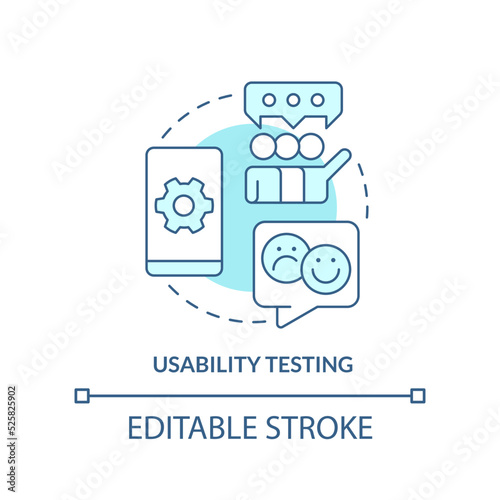 Usability testing turquoise concept icon. Users feedback. Mobile first design testing abstract idea thin line illustration. Isolated outline drawing. Editable stroke. Arial, Myriad Pro-Bold fonts used