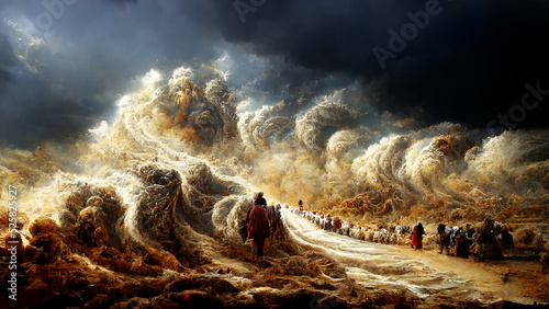 Vászonkép Illustration of the Exodus of the bible, Moses crossing the Red Sea with the Isr