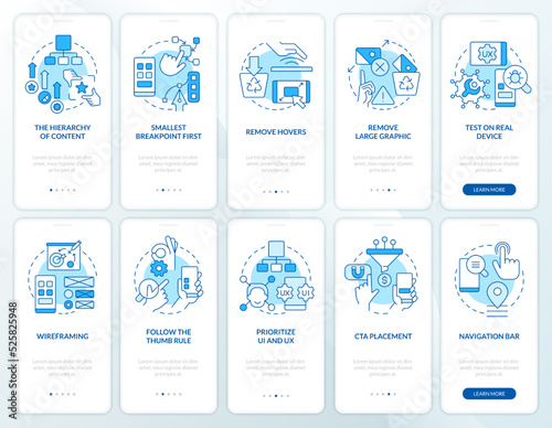 Mobile first design blue onboarding mobile app screen set. Walkthrough 5 steps editable graphic instructions with linear concepts. UI, UX, GUI template. Myriad Pro-Bold, Regular fonts used